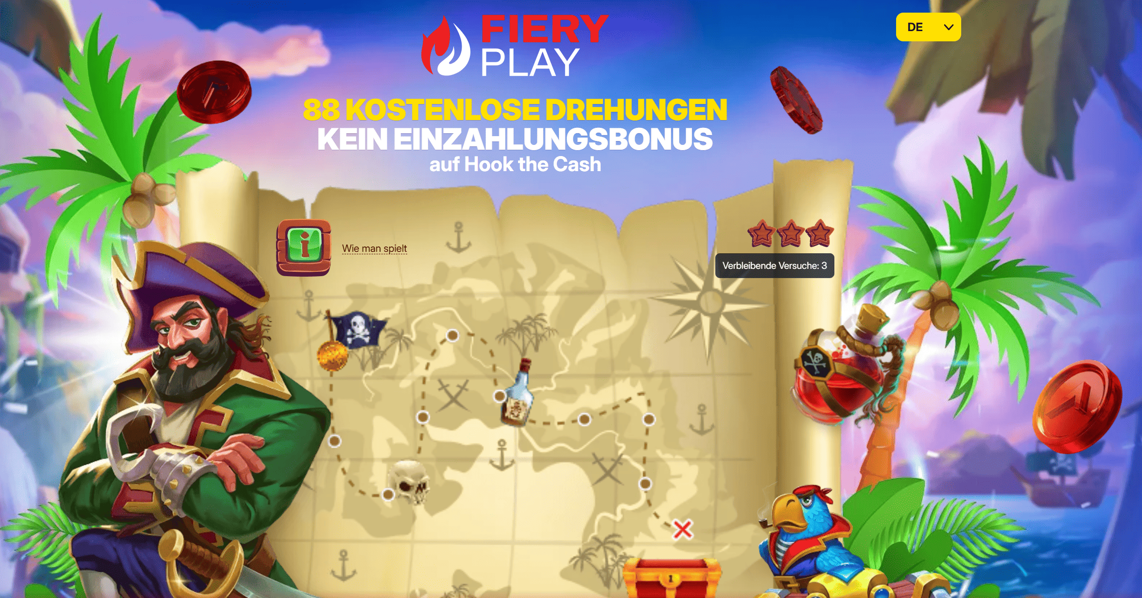 Fiery Play Casino — 88 Freispiele bei Hook the Cash Bonus