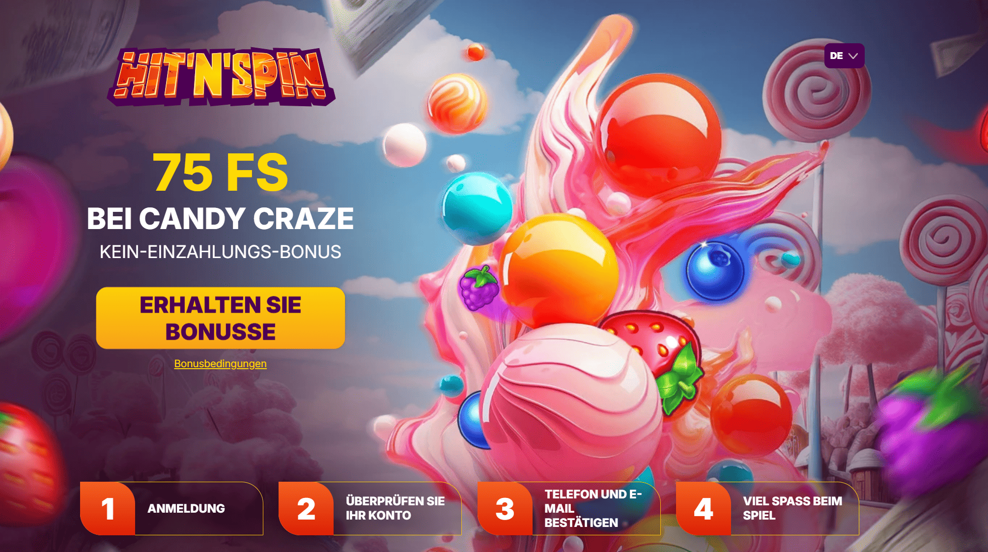 Hit n Spin Casino — 75 Freispiele bei Candy Craze Bonus