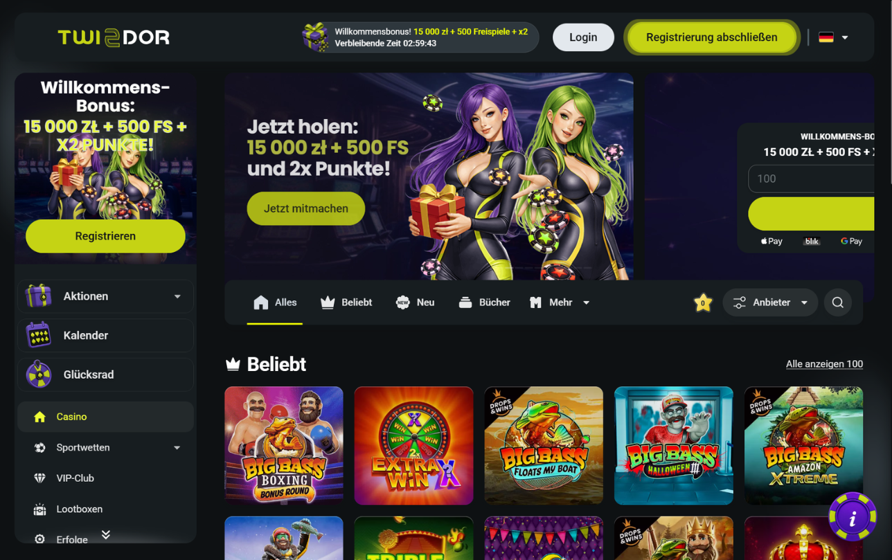 Screenshot: Twindor Casino 5 € Bonus ohne Einzahlung + 50FS