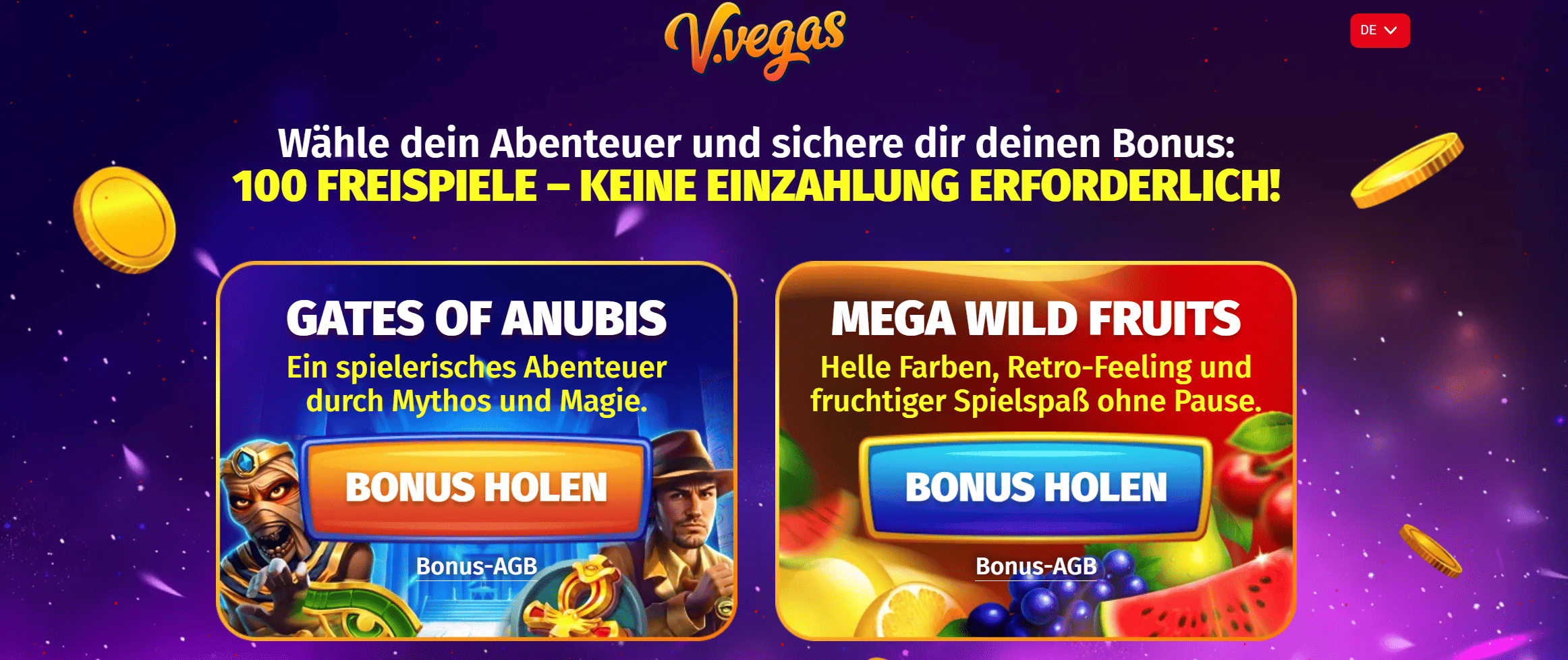 V.Vegas Casino — 100 Freispiele ohne Einzahlung Bonusangebot