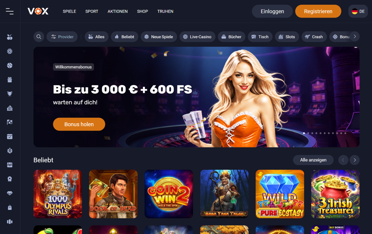 Screenshot: Vox Casino 5 € Bonus ohne Einzahlung + 50FS